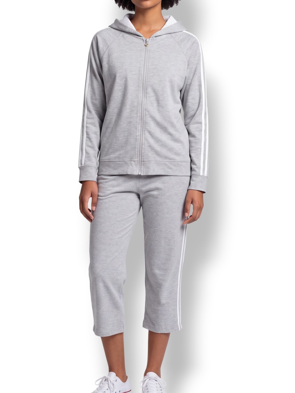 4/$20 ProSpirit Gray Striped Tracksuit Set Zip Hoodie Capri Pants Women’s Large